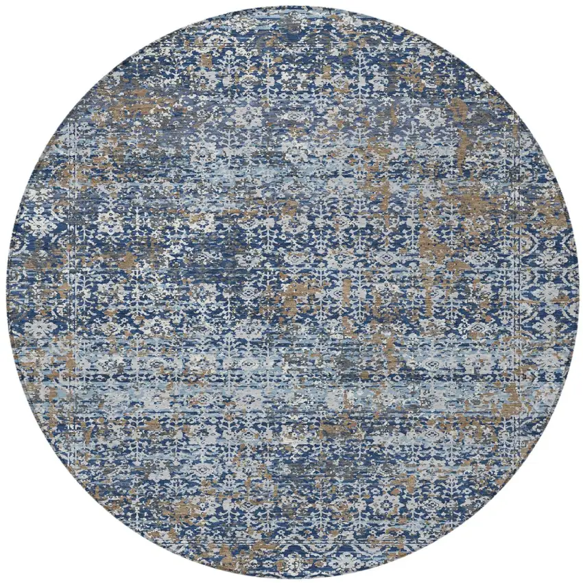 8' Navy Blue And Blue Round Abstract Washable Indoor Outdoor Area Rug Photo 3