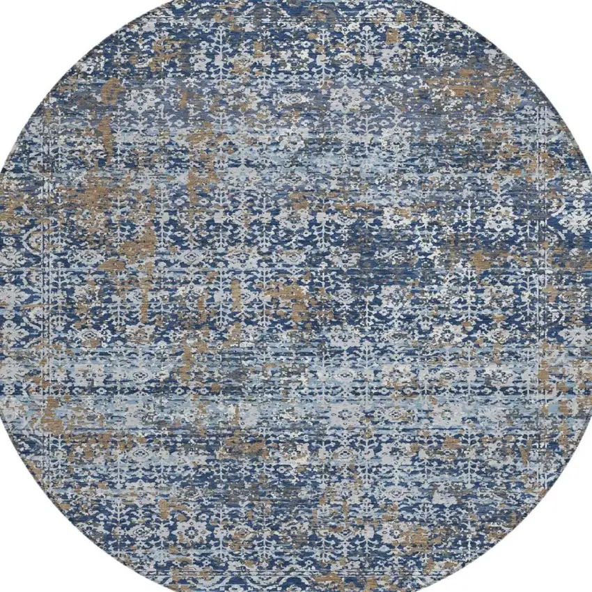 8' Navy Blue And Blue Round Abstract Washable Indoor Outdoor Area Rug Photo 1