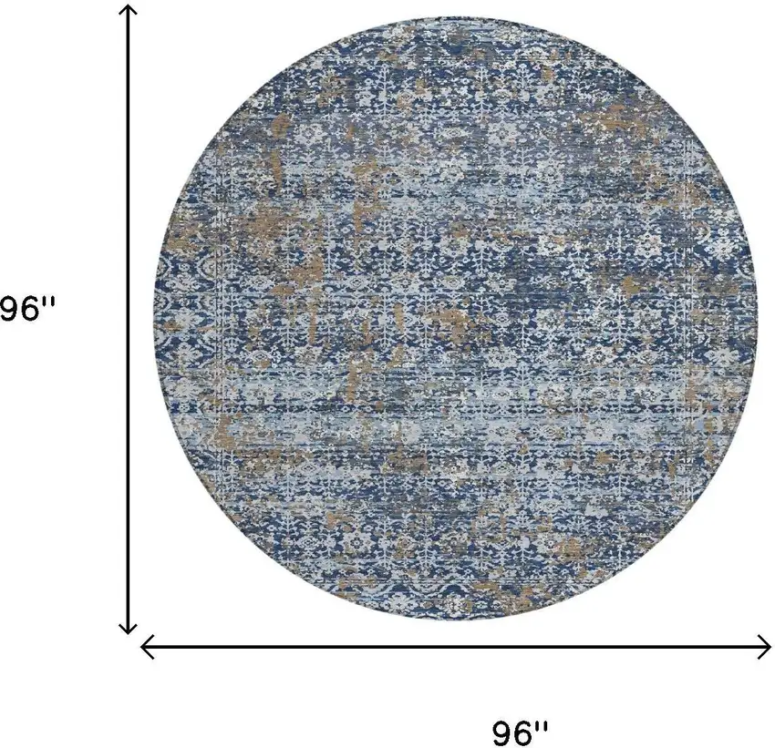 8' Navy Blue And Blue Round Abstract Washable Indoor Outdoor Area Rug Photo 6
