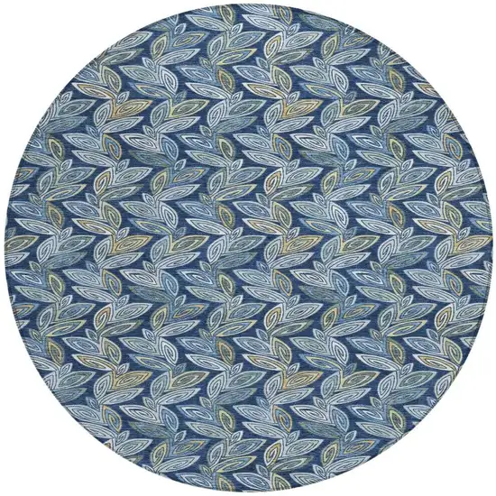 8' Navy Blue And Blue Round Botanical Leaves Washable Indoor Outdoor Area Rug Photo 4