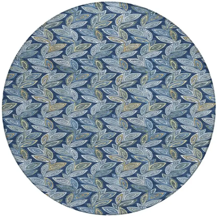 8' Navy Blue And Blue Round Botanical Leaves Washable Indoor Outdoor Area Rug Photo 4