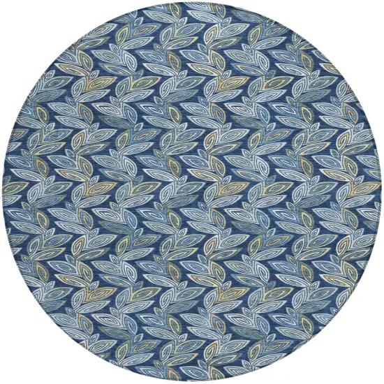 8' Navy Blue And Blue Round Botanical Leaves Washable Indoor Outdoor Area Rug Photo 2