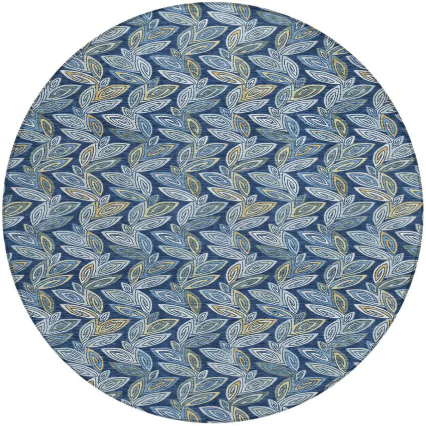 8' Navy Blue And Blue Round Botanical Leaves Washable Indoor Outdoor Area Rug Photo 2