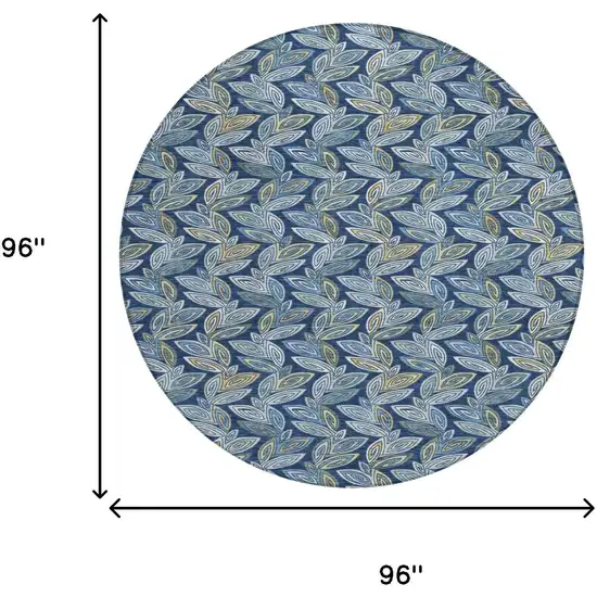 8' Navy Blue And Blue Round Botanical Leaves Washable Indoor Outdoor Area Rug Photo 7