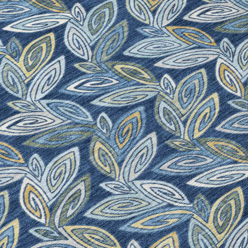 8' Navy Blue And Blue Round Botanical Leaves Washable Indoor Outdoor Area Rug Photo 6