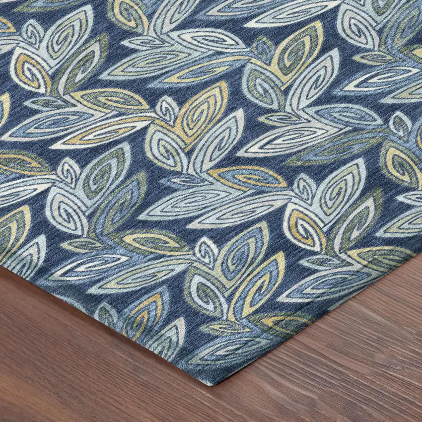 8' Navy Blue And Blue Round Botanical Leaves Washable Indoor Outdoor Area Rug Photo 5