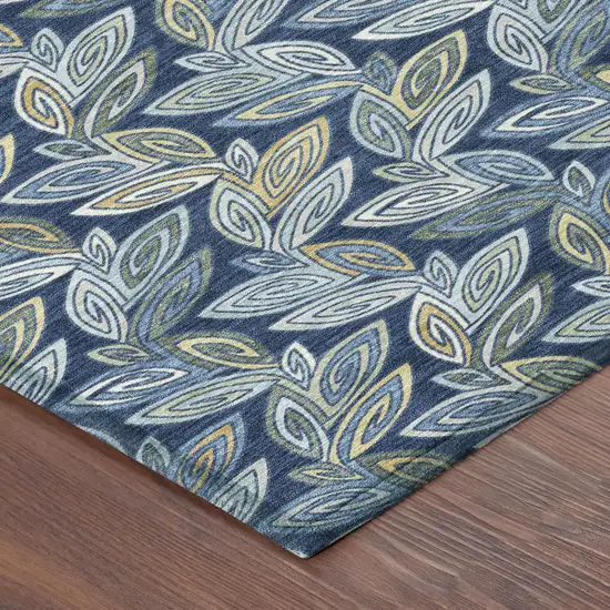 8' Navy Blue And Blue Round Botanical Leaves Washable Indoor Outdoor Area Rug Photo 5