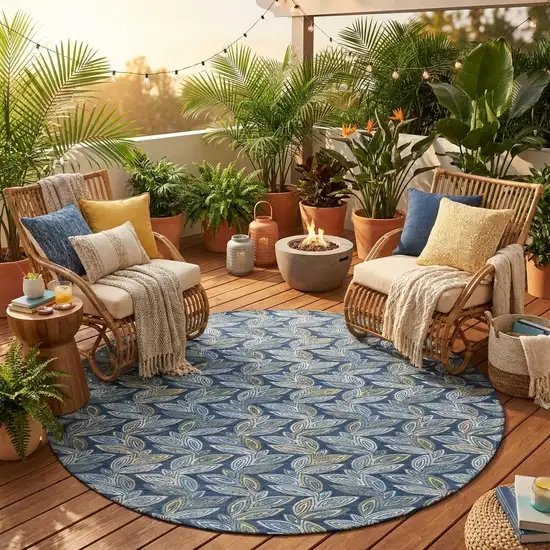 8' Navy Blue And Blue Round Botanical Leaves Washable Indoor Outdoor Area Rug Photo 1