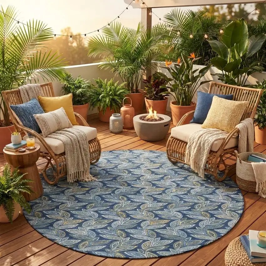 8' Navy Blue And Blue Round Botanical Leaves Washable Indoor Outdoor Area Rug Photo 1