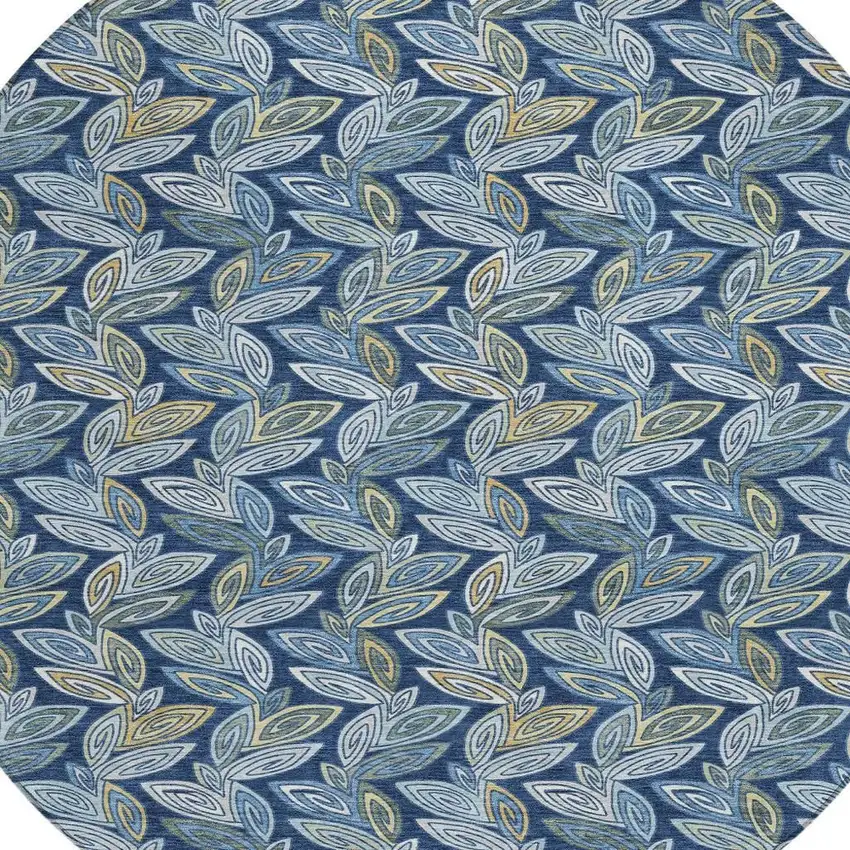 8' Navy Blue And Blue Round Botanical Leaves Washable Indoor Outdoor Area Rug Photo 3