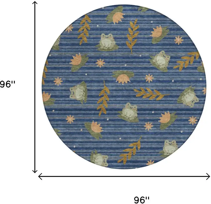 8' Navy Blue And Blue Round Botanical Leaves Washable Indoor Outdoor Area Rug Photo 5