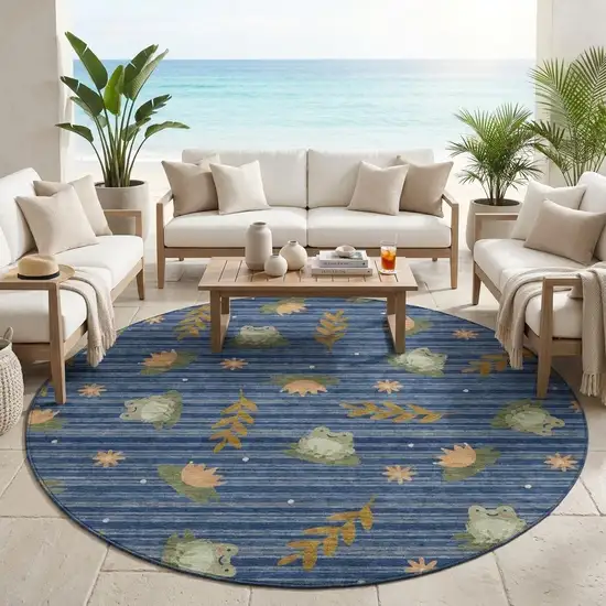 8' Navy Blue And Blue Round Botanical Leaves Washable Indoor Outdoor Area Rug Photo 1