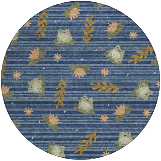 8' Navy Blue And Blue Round Botanical Leaves Washable Indoor Outdoor Area Rug Photo 2