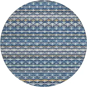 Photo of 8' Navy Blue And Blue Round Damask Washable Indoor Outdoor Area Rug