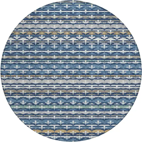 8' Navy Blue And Blue Round Damask Washable Indoor Outdoor Area Rug Photo 1