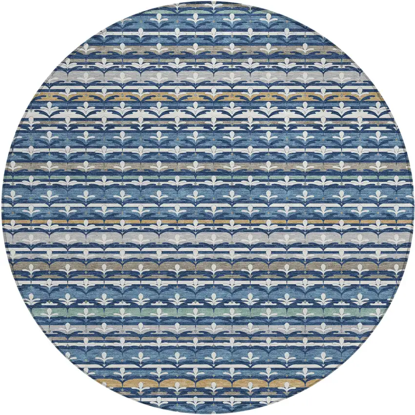8' Navy Blue And Blue Round Damask Washable Indoor Outdoor Area Rug Photo 1
