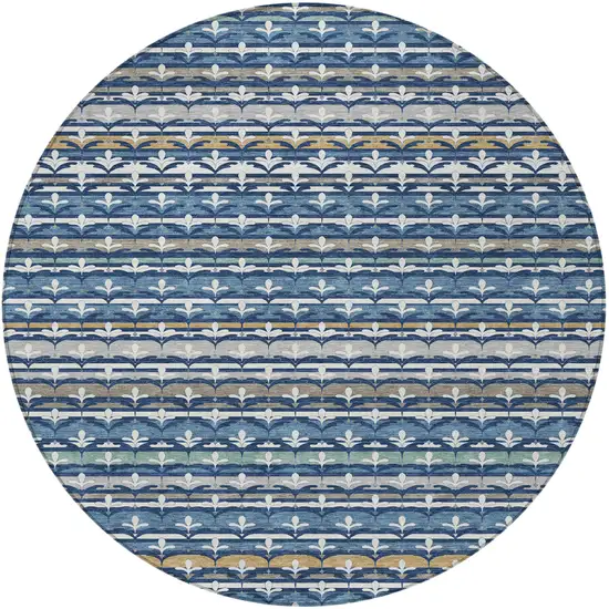 8' Navy Blue And Blue Round Damask Washable Indoor Outdoor Area Rug Photo 3