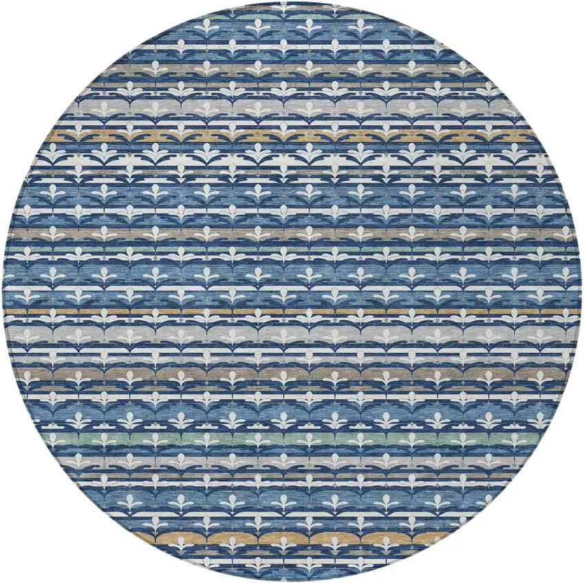 8' Navy Blue And Blue Round Damask Washable Indoor Outdoor Area Rug Photo 3