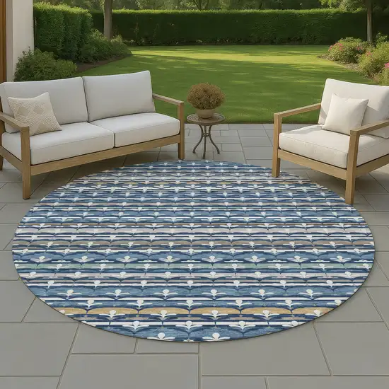 8' Navy Blue And Blue Round Damask Washable Indoor Outdoor Area Rug Photo 4