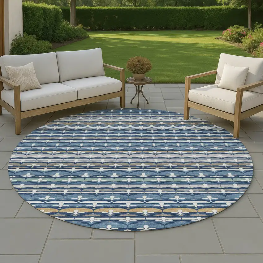 8' Navy Blue And Blue Round Damask Washable Indoor Outdoor Area Rug Photo 4