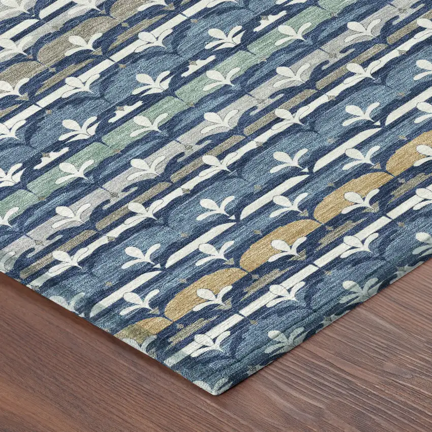 8' Navy Blue And Blue Round Damask Washable Indoor Outdoor Area Rug Photo 6