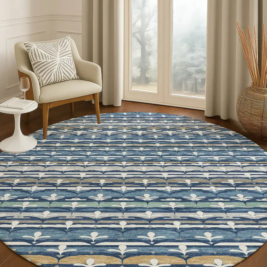 8' Navy Blue And Blue Round Damask Washable Indoor Outdoor Area Rug Photo 5