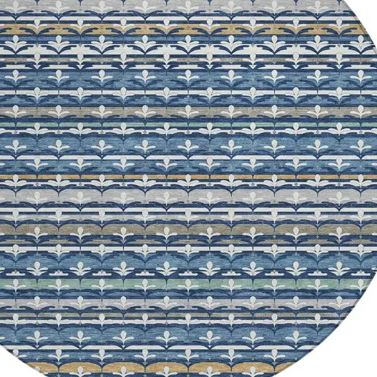 8' Navy Blue And Blue Round Damask Washable Indoor Outdoor Area Rug Photo 2