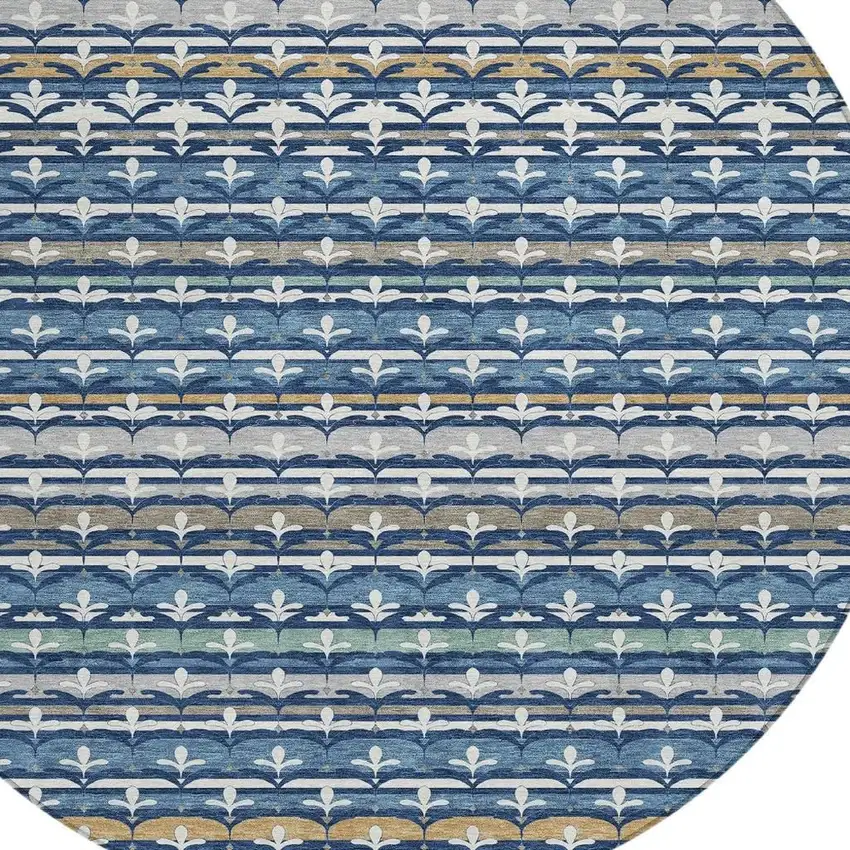 8' Navy Blue And Blue Round Damask Washable Indoor Outdoor Area Rug Photo 2
