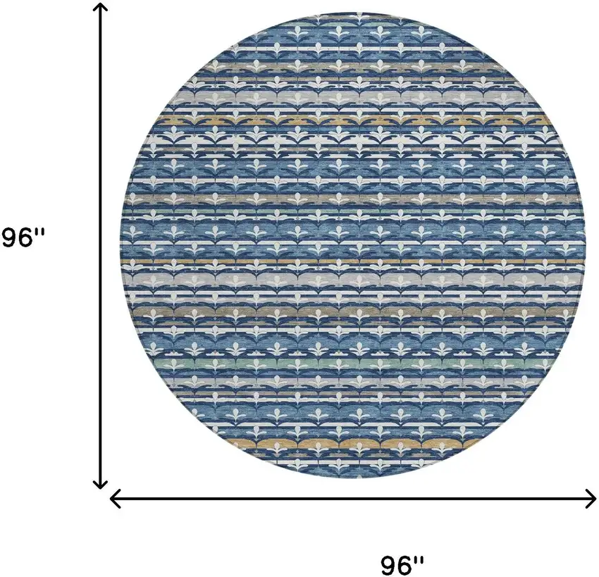 8' Navy Blue And Blue Round Damask Washable Indoor Outdoor Area Rug Photo 8