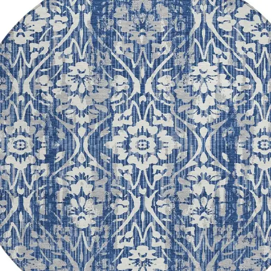 8' Navy Blue And Blue Round Damask Washable Indoor Outdoor Area Rug Photo 3