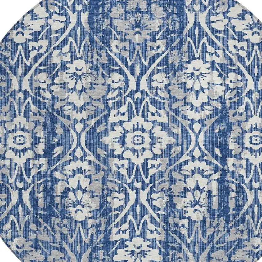 8' Navy Blue And Blue Round Damask Washable Indoor Outdoor Area Rug Photo 3
