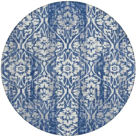 8' Navy Blue And Blue Round Damask Washable Indoor Outdoor Area Rug Photo 4
