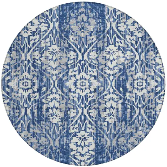 8' Navy Blue And Blue Round Damask Washable Indoor Outdoor Area Rug Photo 2