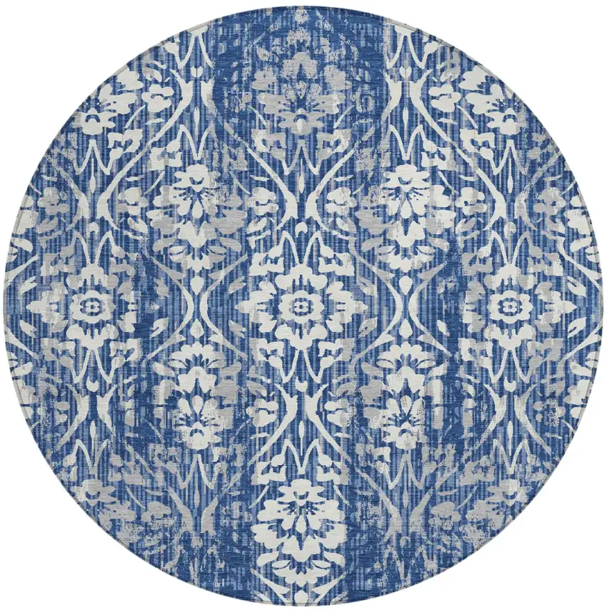 8' Navy Blue And Blue Round Damask Washable Indoor Outdoor Area Rug Photo 2