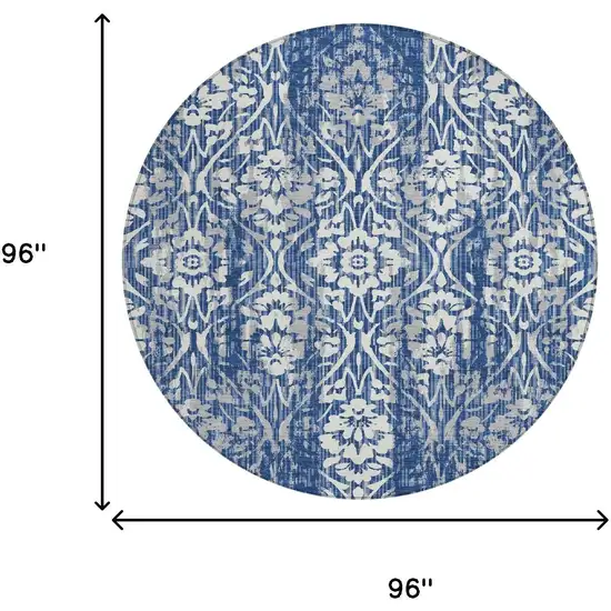 8' Navy Blue And Blue Round Damask Washable Indoor Outdoor Area Rug Photo 7