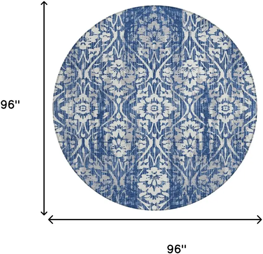 8' Navy Blue And Blue Round Damask Washable Indoor Outdoor Area Rug Photo 7