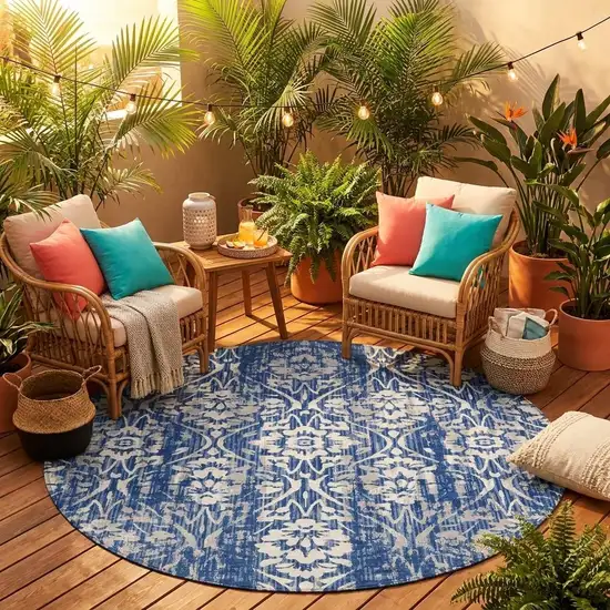 8' Navy Blue And Blue Round Damask Washable Indoor Outdoor Area Rug Photo 1