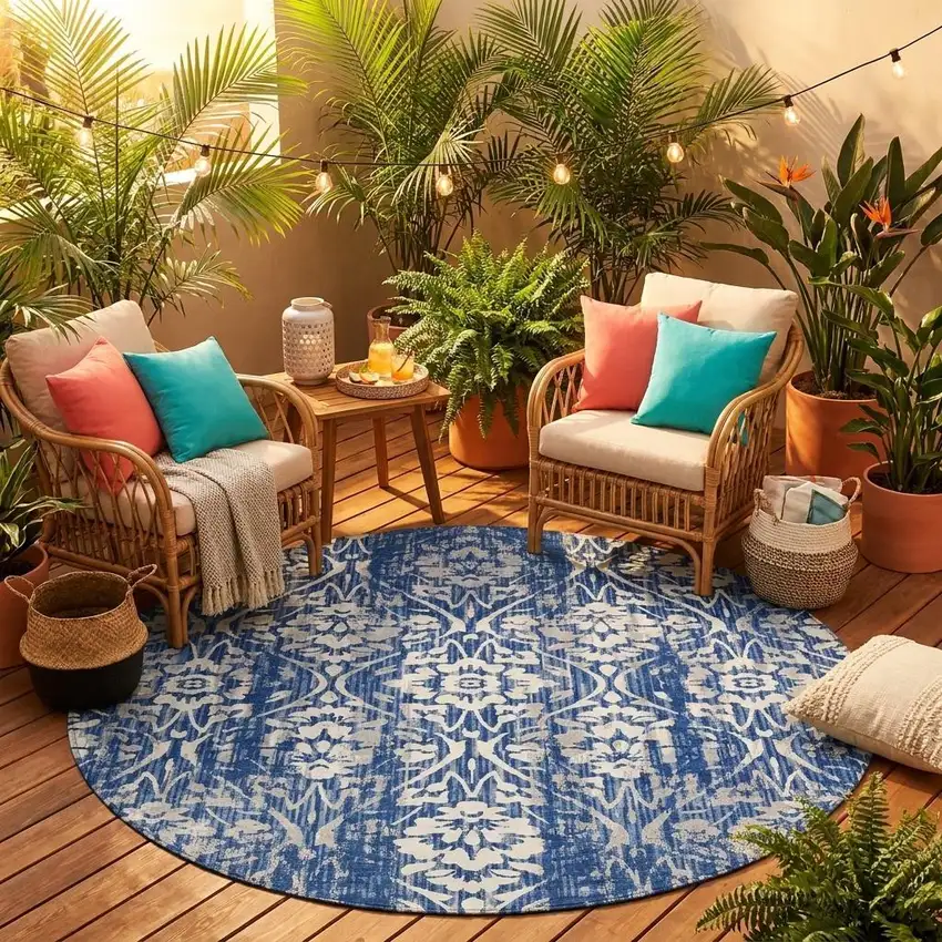 8' Navy Blue And Blue Round Damask Washable Indoor Outdoor Area Rug Photo 1