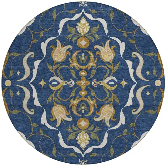 8' Navy Blue And Blue Round Damask Washable Indoor Outdoor Area Rug Photo 3