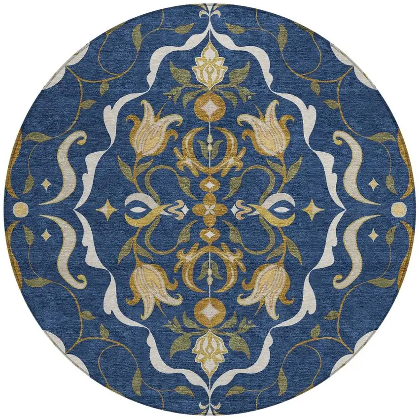 8' Navy Blue And Blue Round Damask Washable Indoor Outdoor Area Rug Photo 3