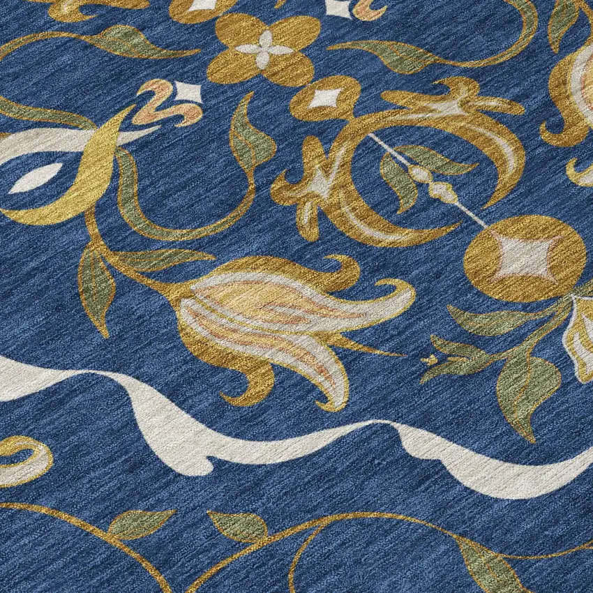 8' Navy Blue And Blue Round Damask Washable Indoor Outdoor Area Rug Photo 5