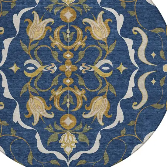 8' Navy Blue And Blue Round Damask Washable Indoor Outdoor Area Rug Photo 2