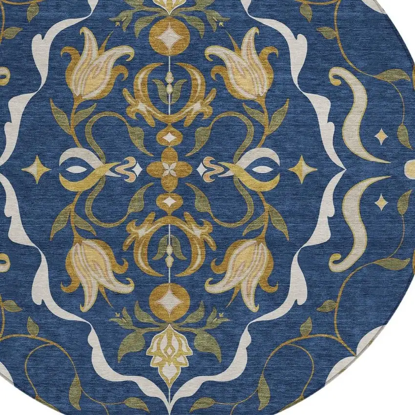 8' Navy Blue And Blue Round Damask Washable Indoor Outdoor Area Rug Photo 2