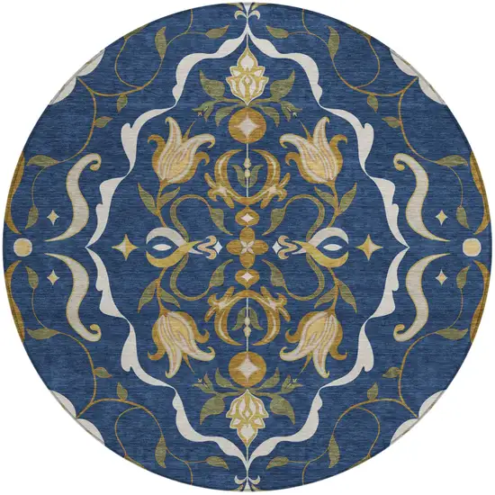 8' Navy Blue And Blue Round Damask Washable Indoor Outdoor Area Rug Photo 1