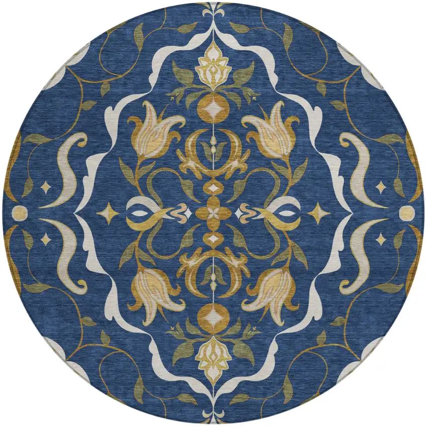 8' Navy Blue And Blue Round Damask Washable Indoor Outdoor Area Rug Photo 1