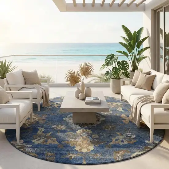 8' Navy Blue And Blue Round Floral Medallion Washable Indoor Outdoor Area Rug Photo 1