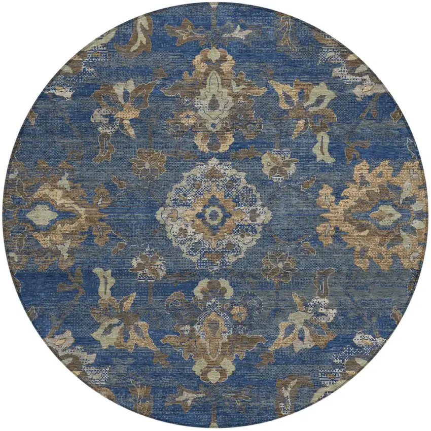 8' Navy Blue And Blue Round Floral Medallion Washable Indoor Outdoor Area Rug Photo 2