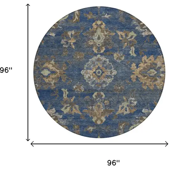 8' Navy Blue And Blue Round Floral Medallion Washable Indoor Outdoor Area Rug Photo 5