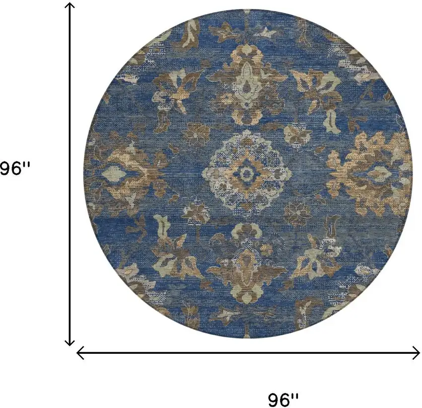 8' Navy Blue And Blue Round Floral Medallion Washable Indoor Outdoor Area Rug Photo 5