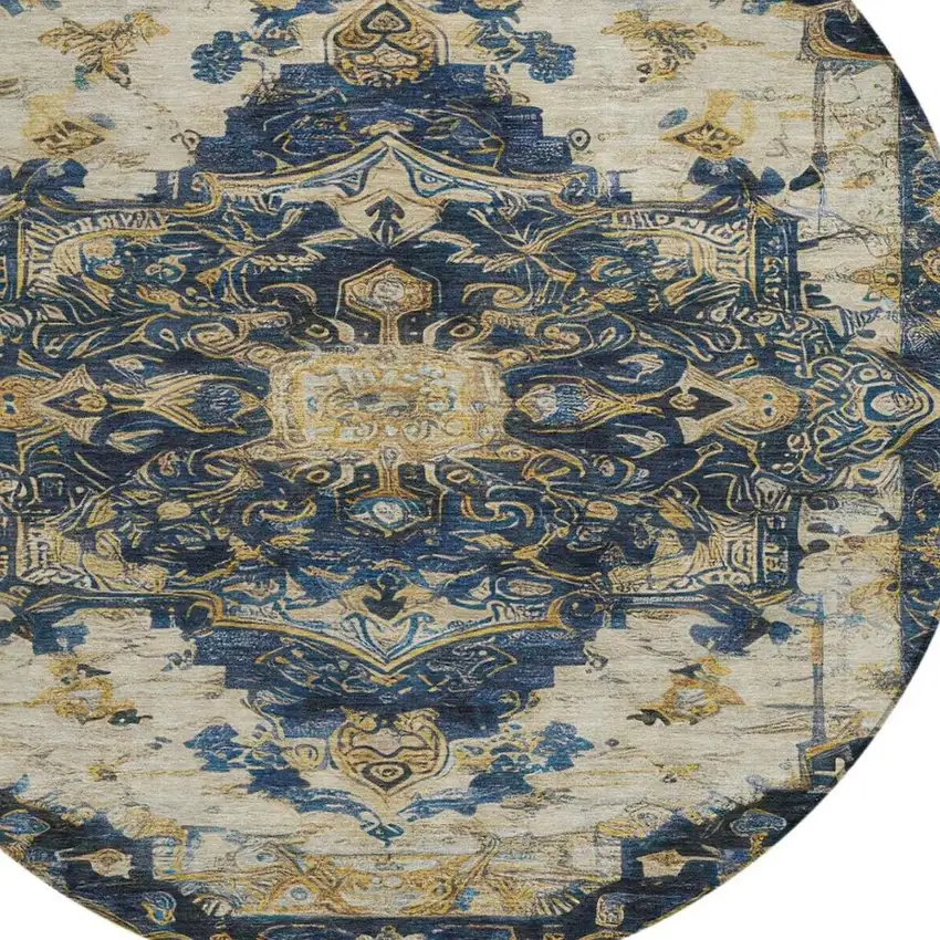 8' Navy Blue And Blue Round Floral Medallion Washable Indoor Outdoor Area Rug Photo 6